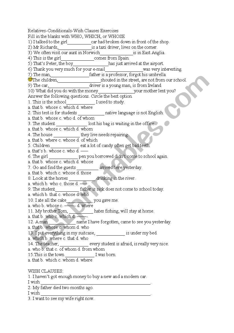 RELATIVES-CONDITIONALS TYPE I, II, III-Wish Clauses Exercises-UNLESS