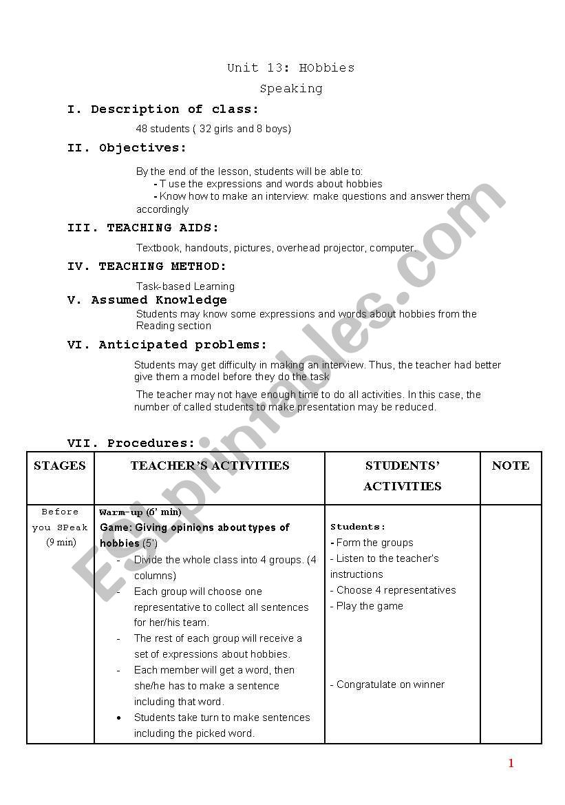 Lesson plan for 11th grader_Hobbies