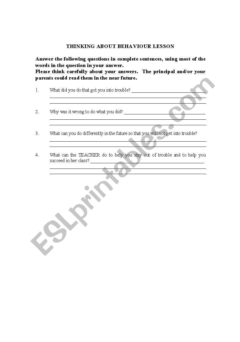 behavior Plan worksheet