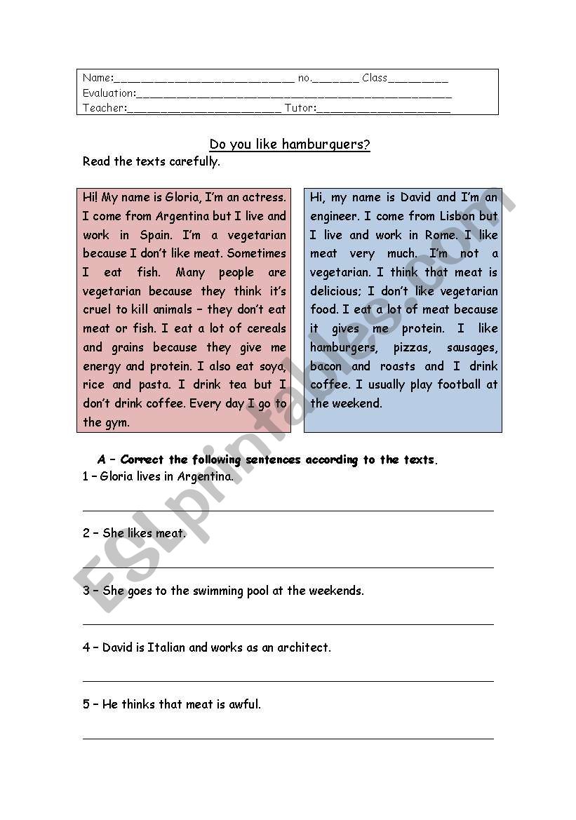 test 7th form -Food worksheet