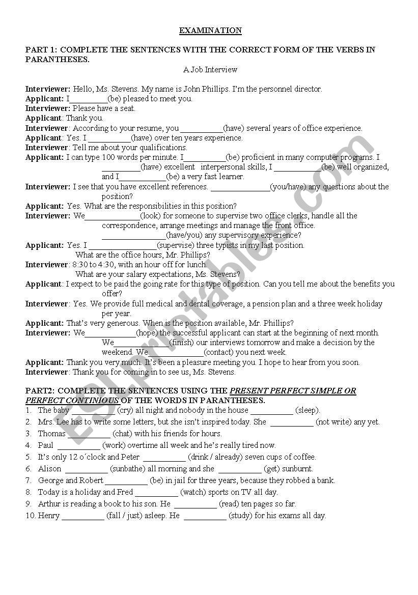 examination worksheet