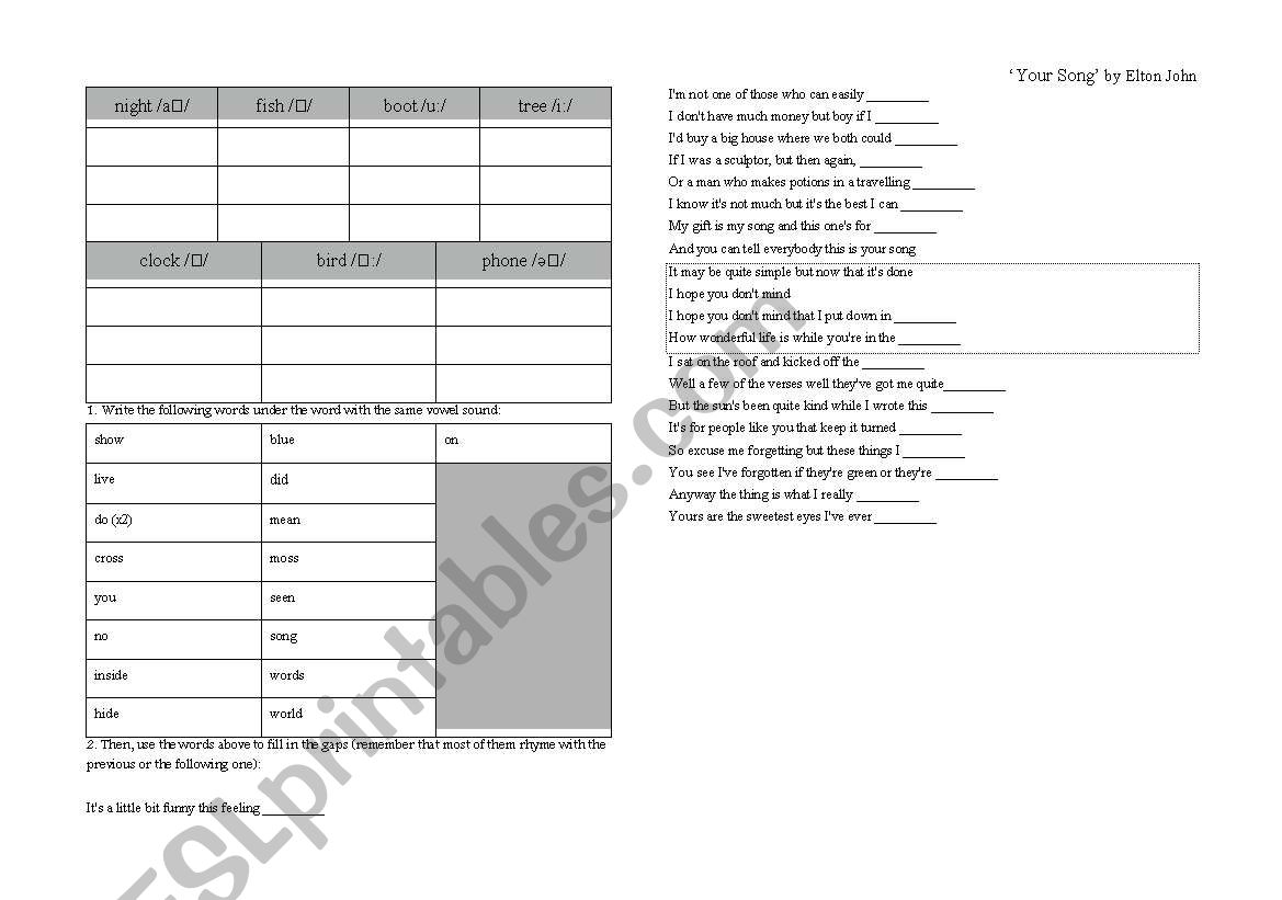 Your Song worksheet