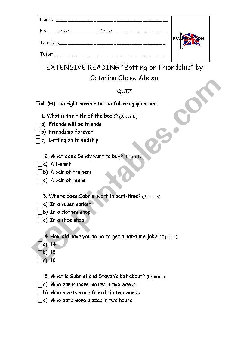 Extensive Reading quiz worksheet