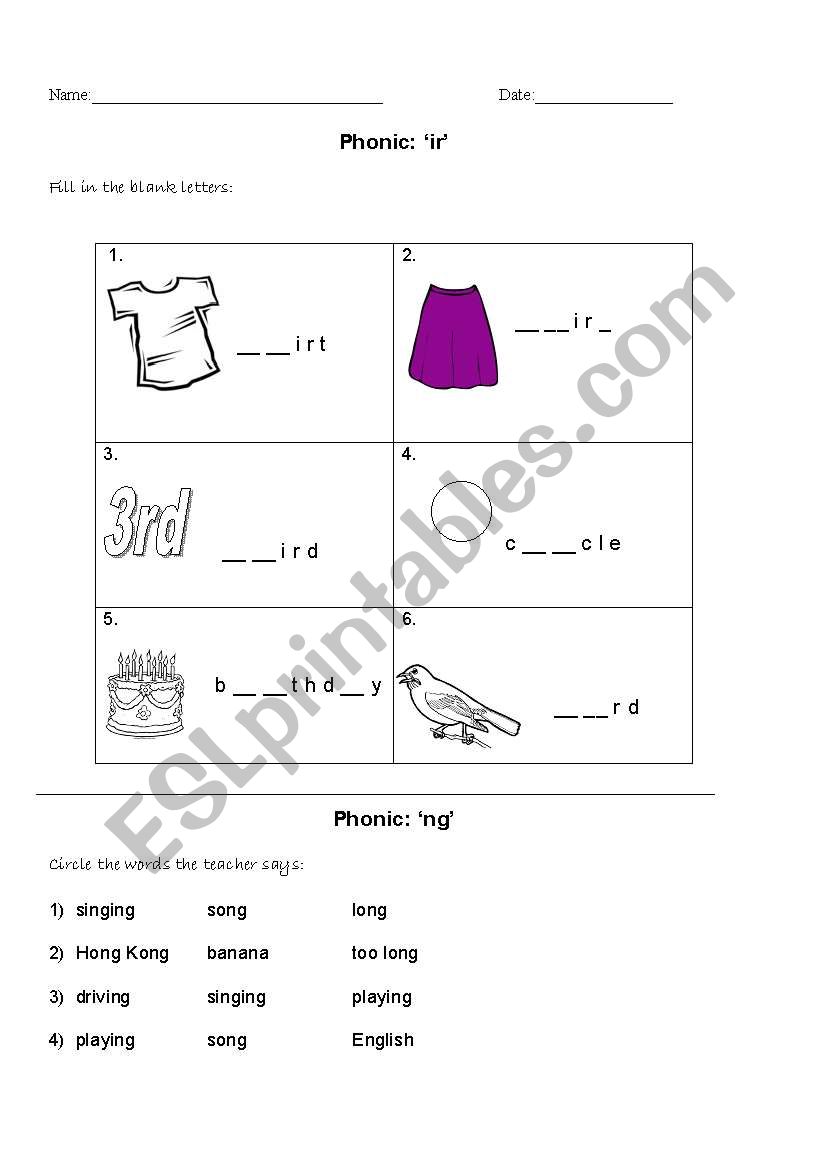 Phonic Revision ir and ng worksheet