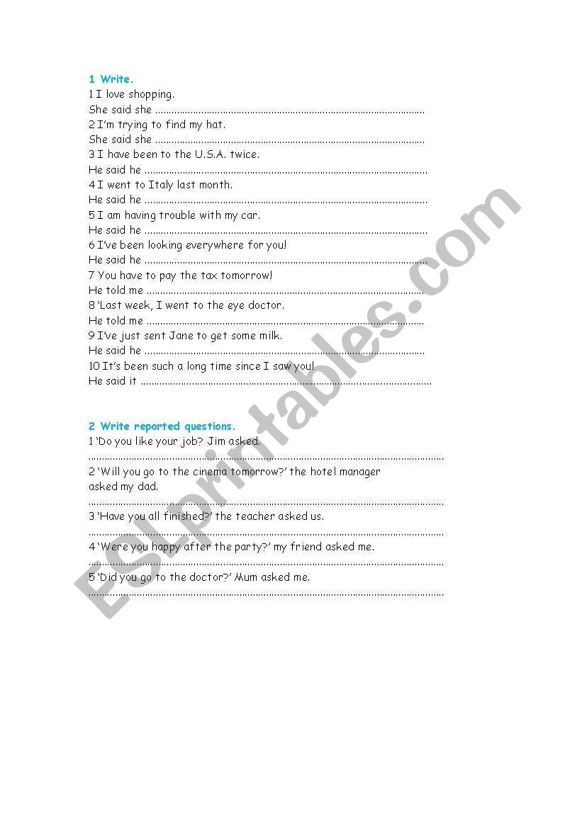 reported speech worksheet