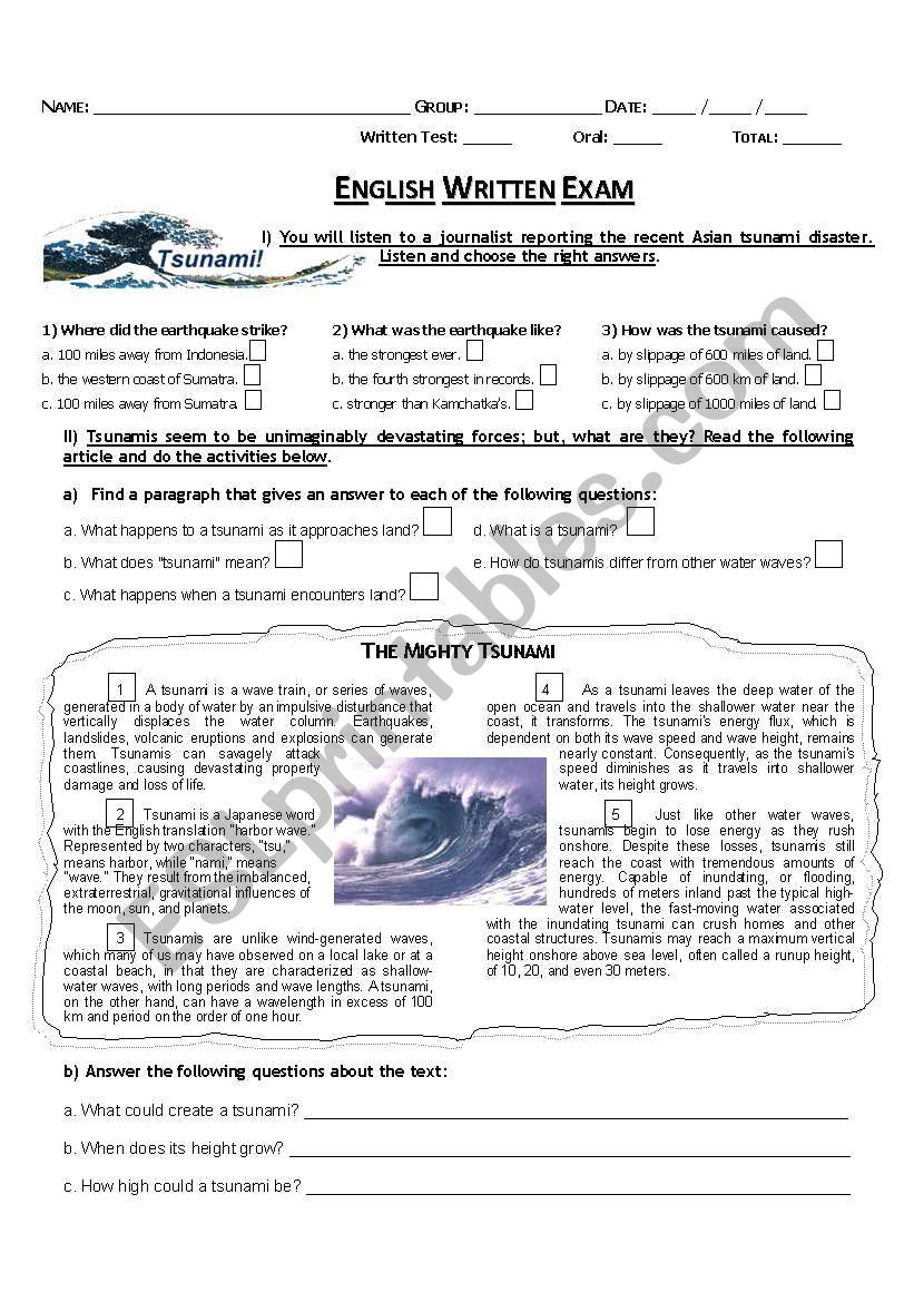 Exam or Test (Tsunami) worksheet