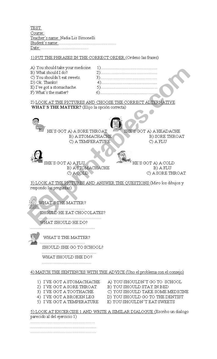 health problems test worksheet