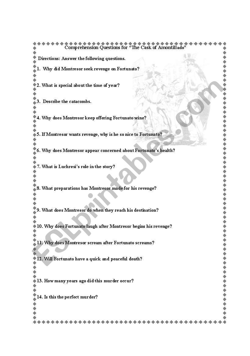 Comprehension Questions for "The Cask of Amontillado" - ESL Regarding The Cask Of Amontillado Worksheet