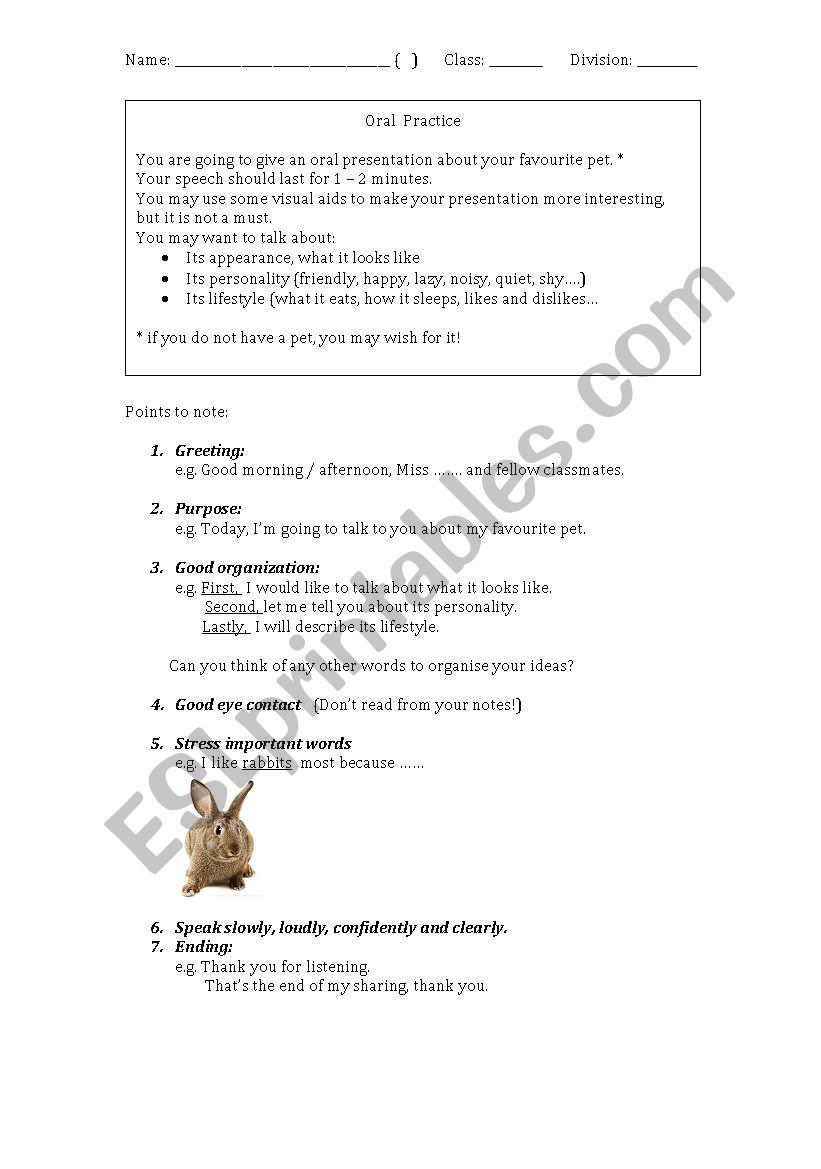Oral Presentation about a Pet worksheet