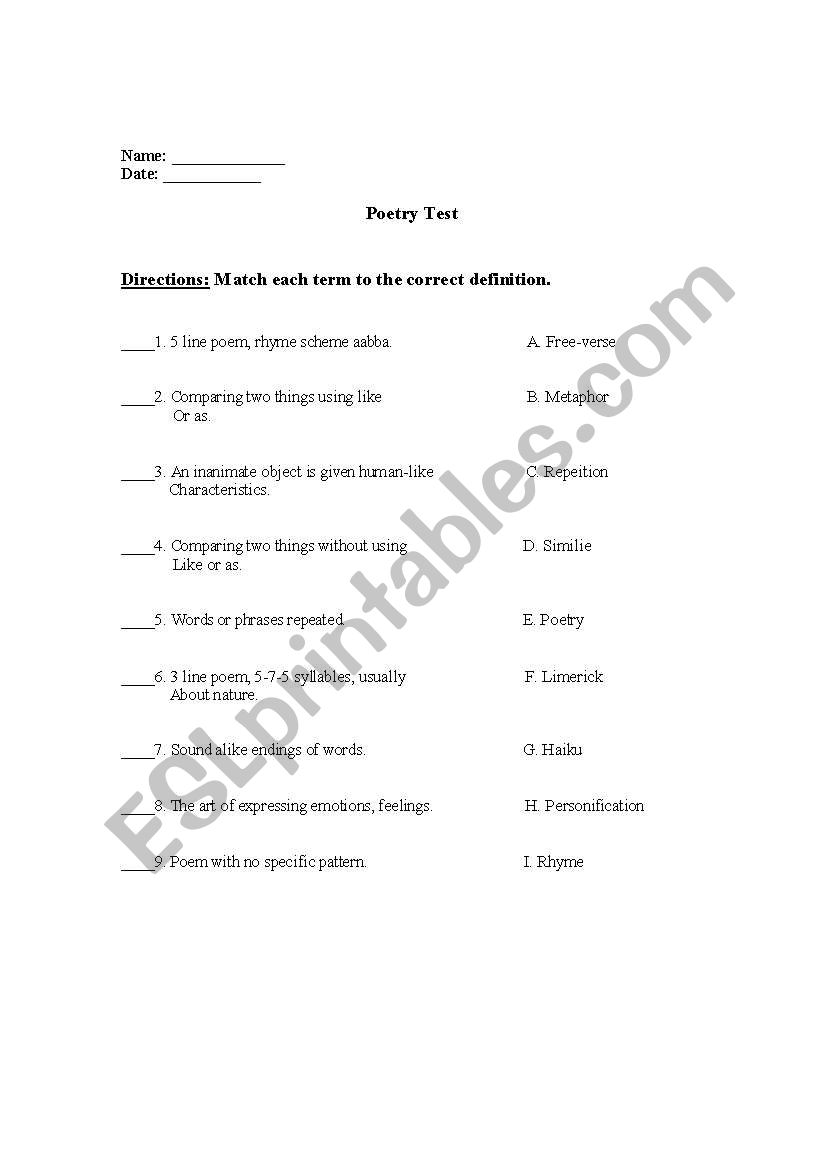 Poetic Techniques worksheet