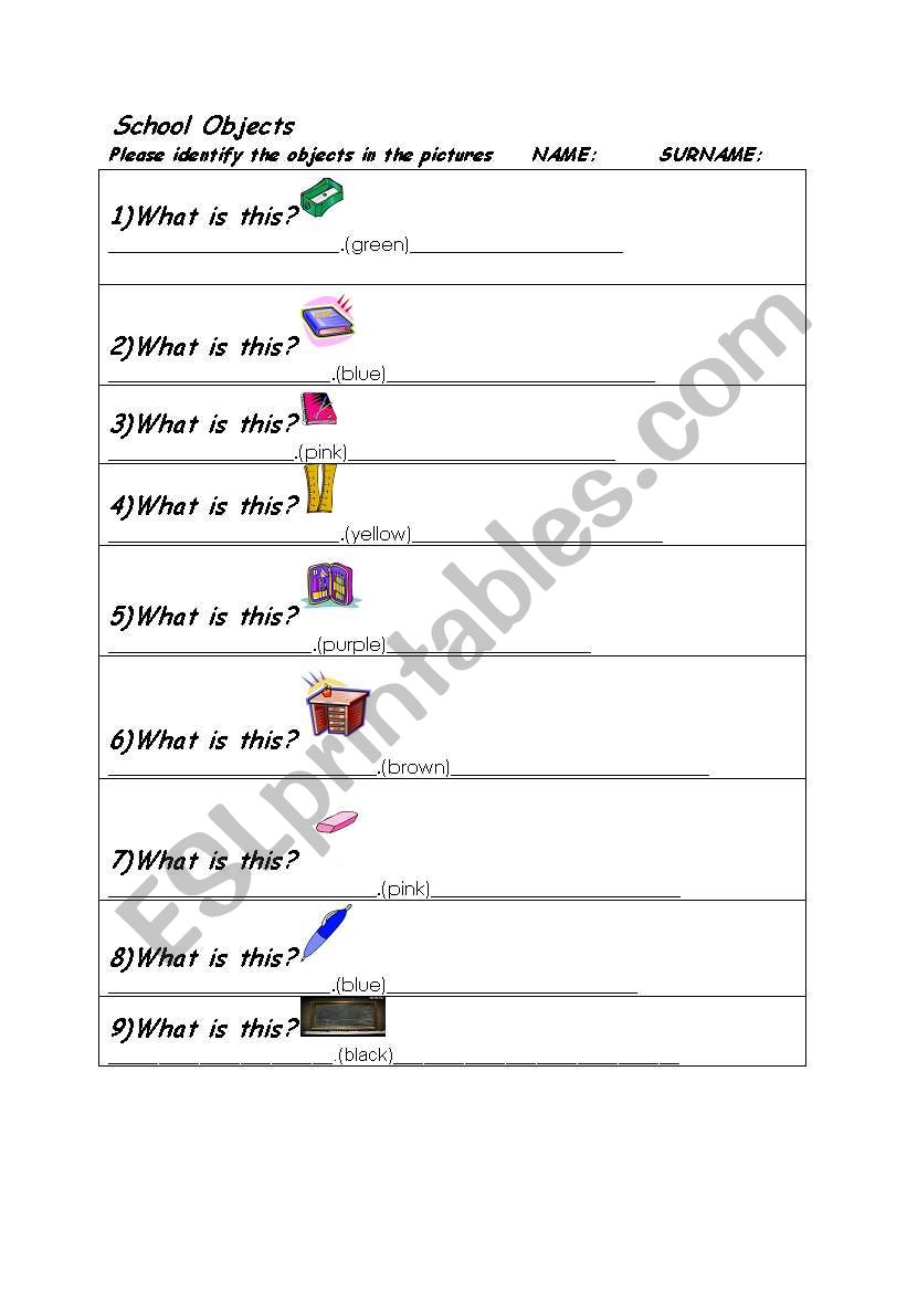 School Objects worksheet