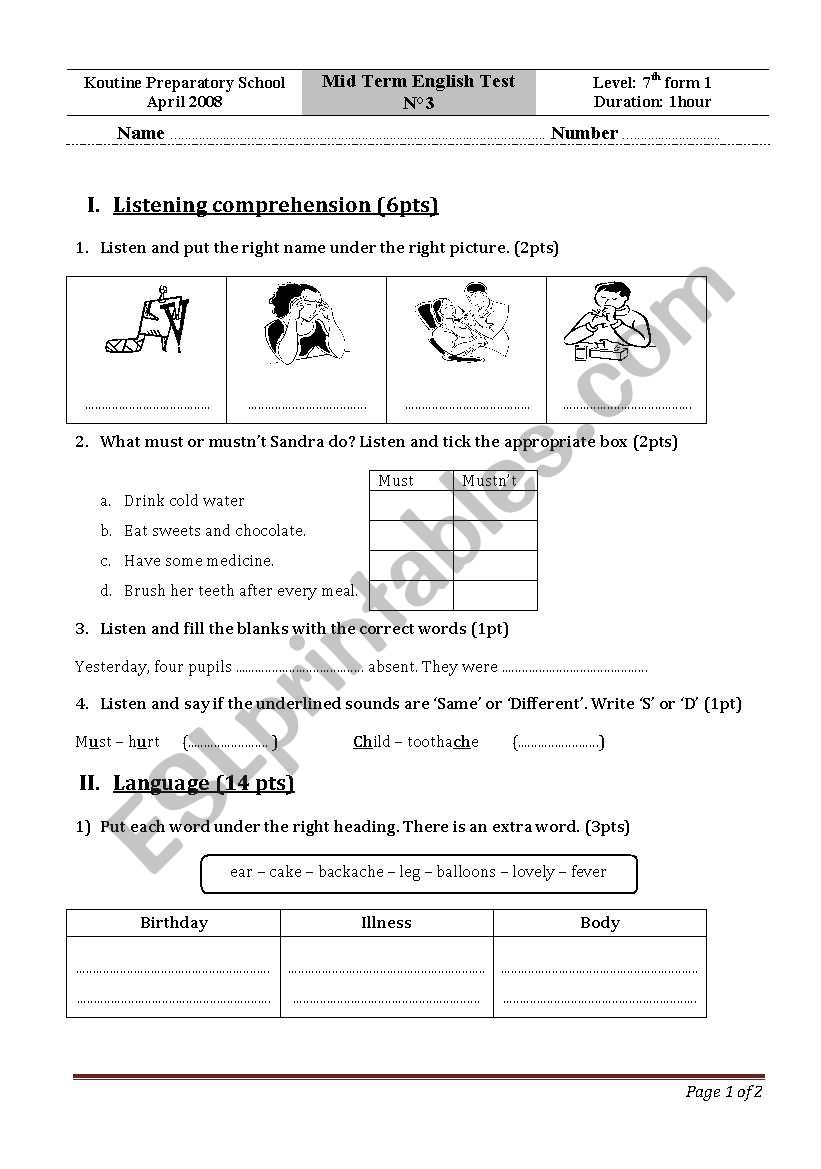 mid term test n°3 tunisian 7th formers 