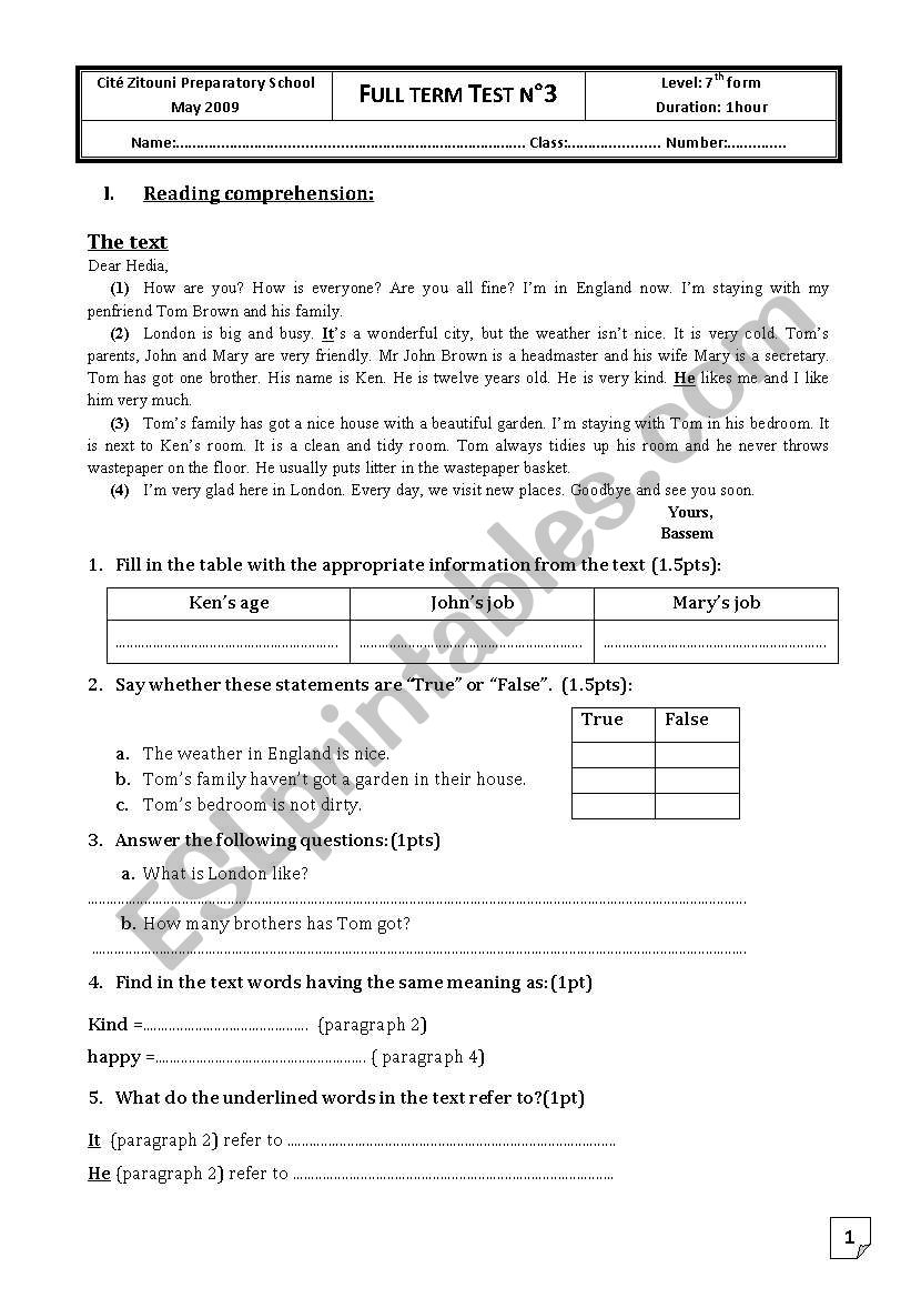 End-term test n3 tunisian 7th formers 