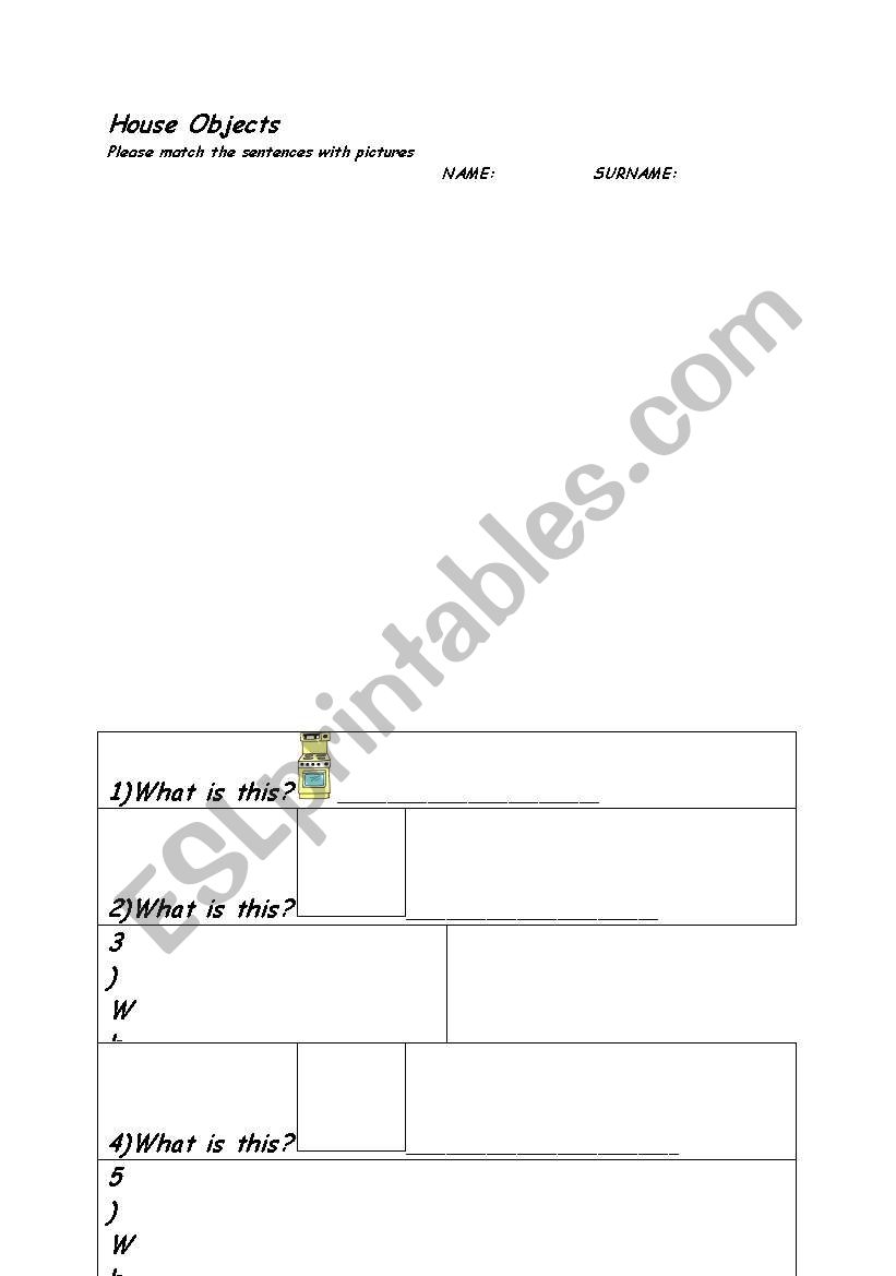 House Objects worksheet