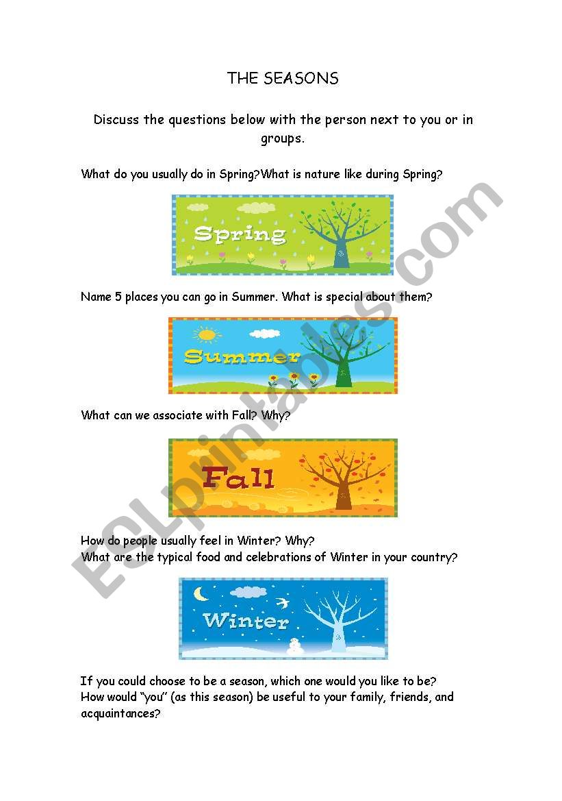 The value of Seasons worksheet