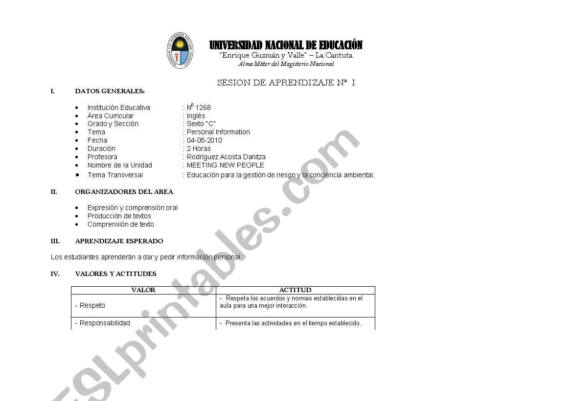 Lesson plan Personal Information