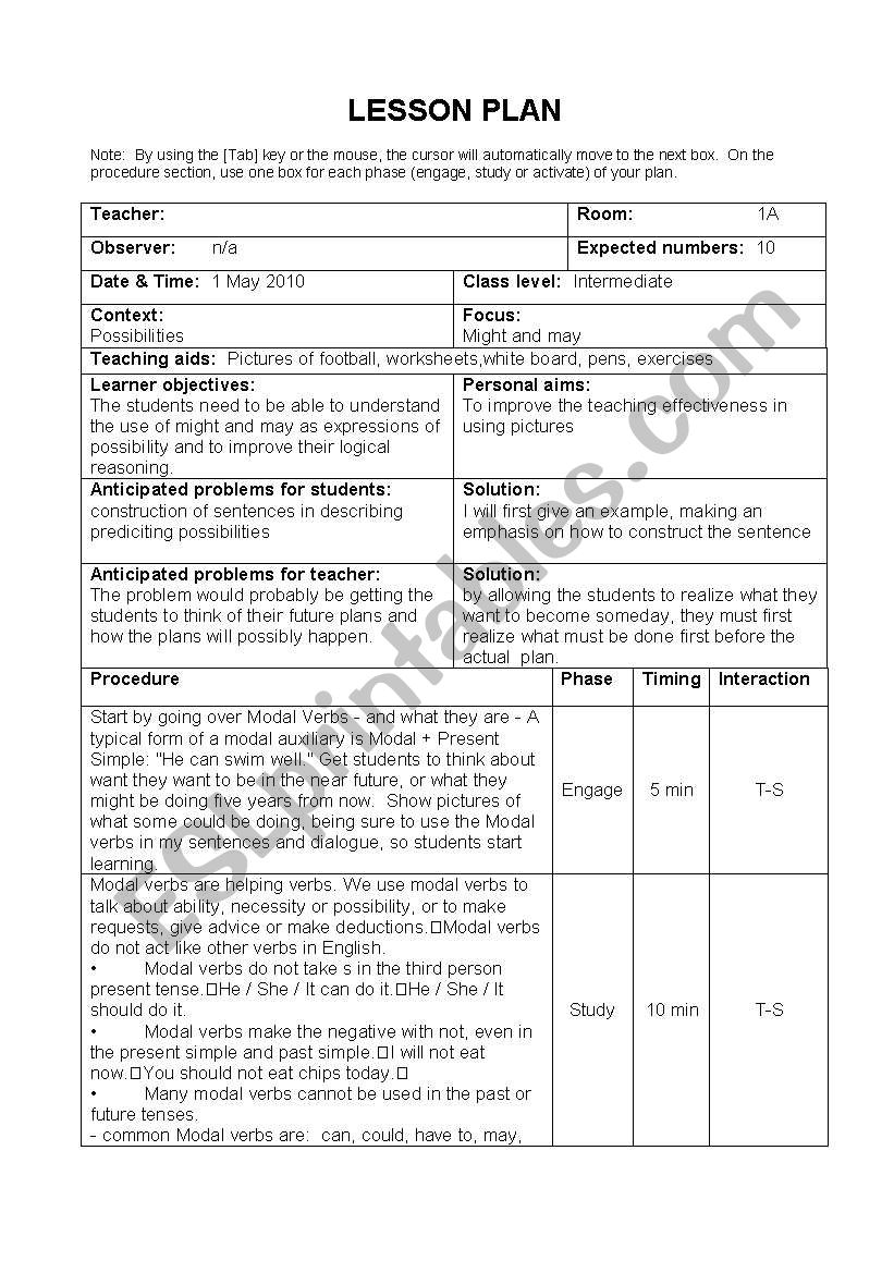 Lesson plan on Possibilities  worksheet