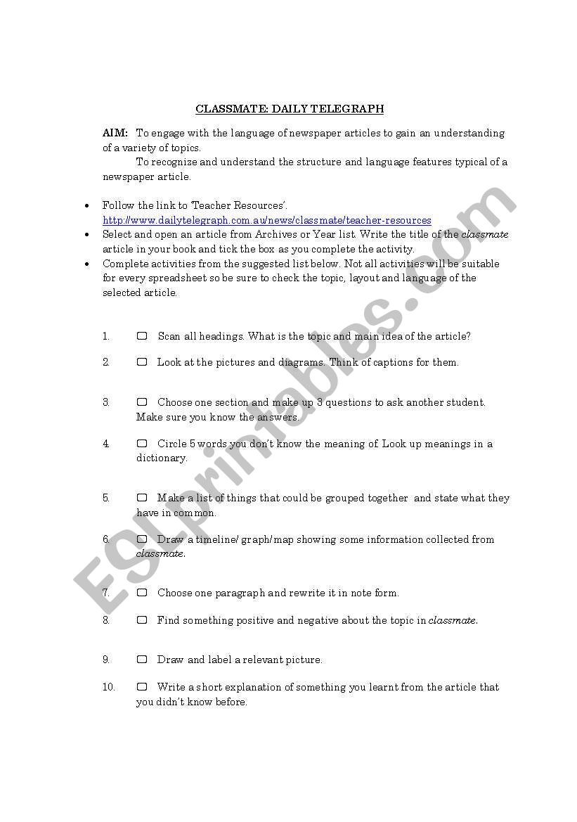 Classmate: Daily Telegraph spreadsheet activity