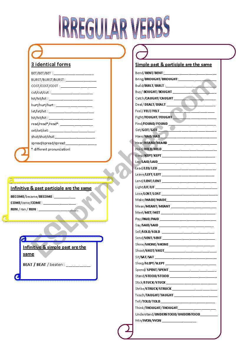 Classified irregular verbs worksheet