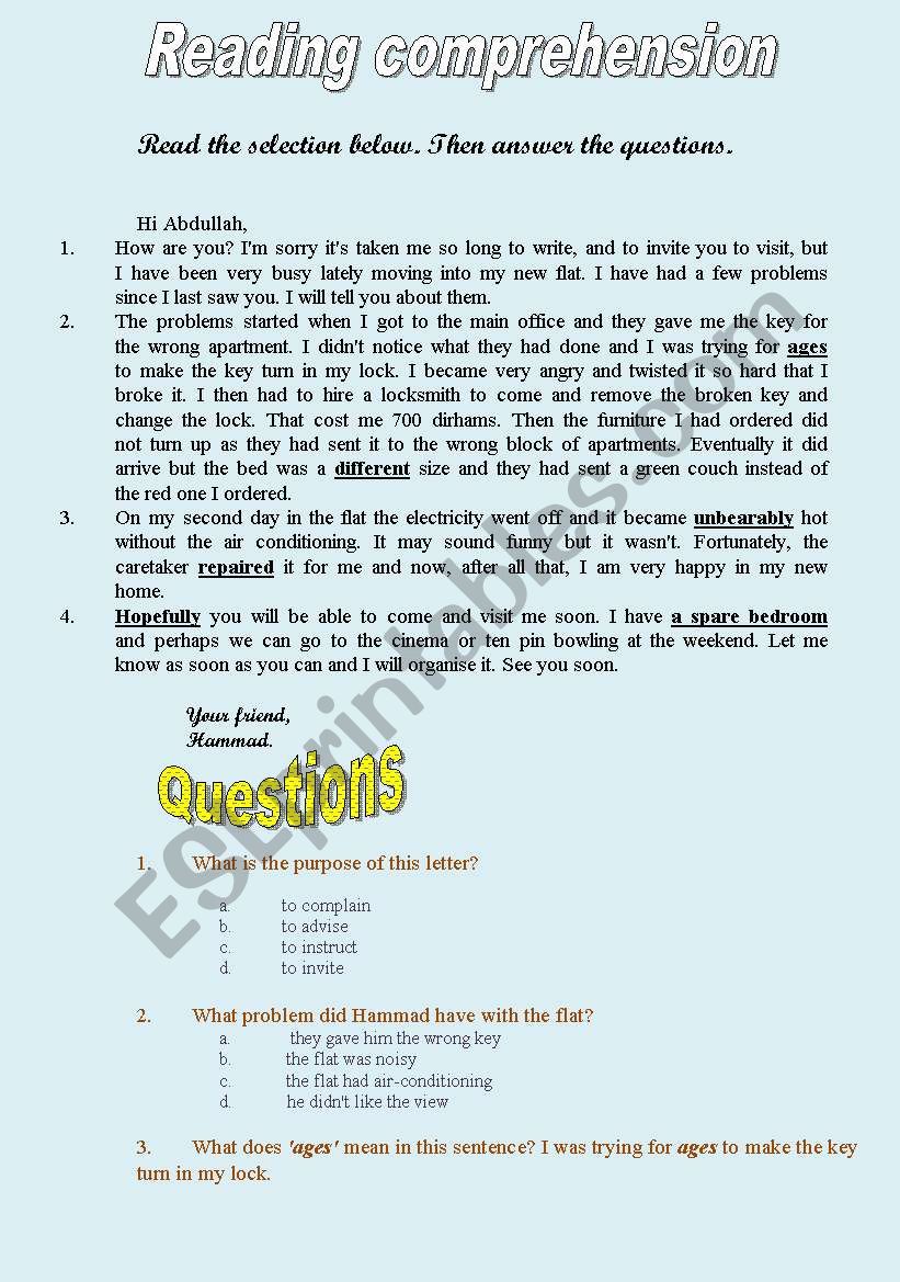 Reading Comprehension worksheet