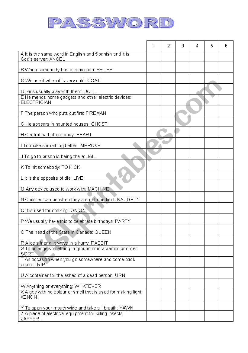 Password worksheet