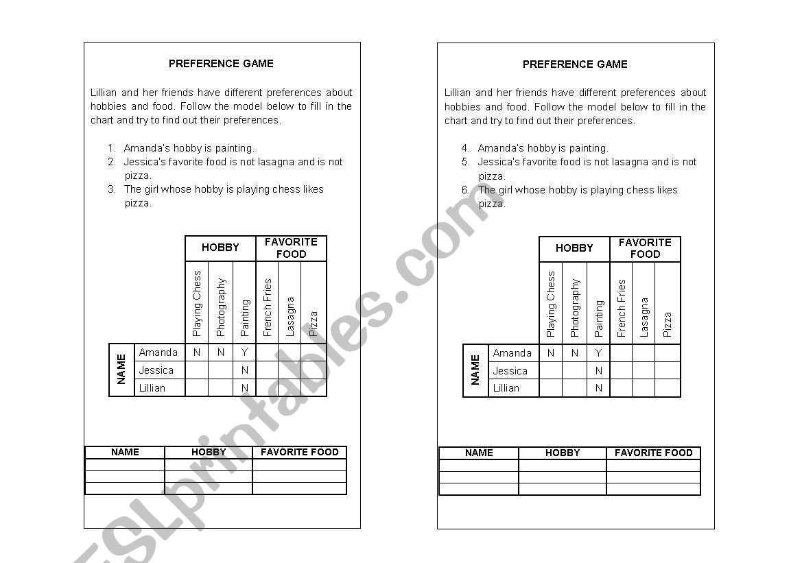 Preference Game - Logic worksheet