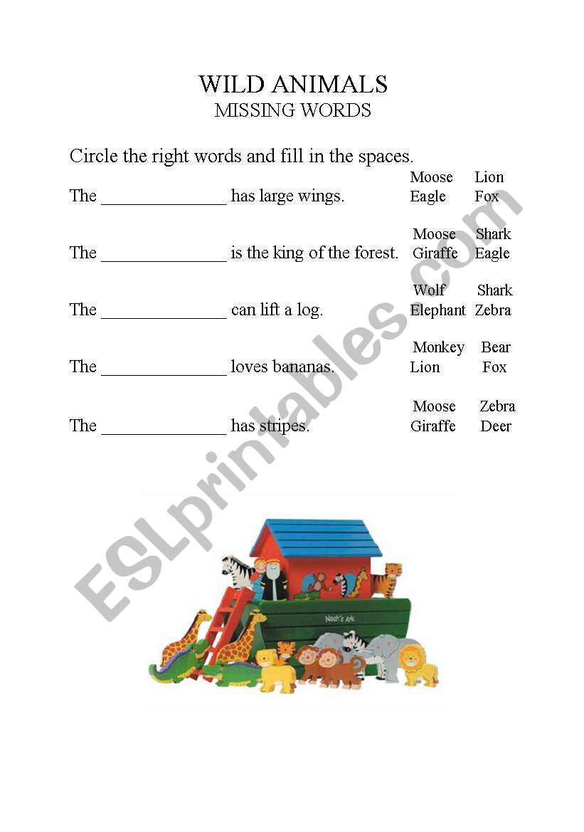 Wild animals - Missing words worksheet