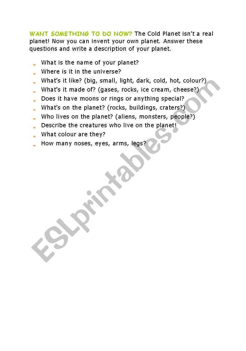 Invent your own planet. worksheet