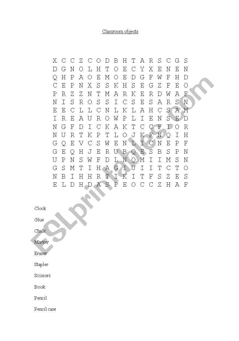 word search objects worksheet