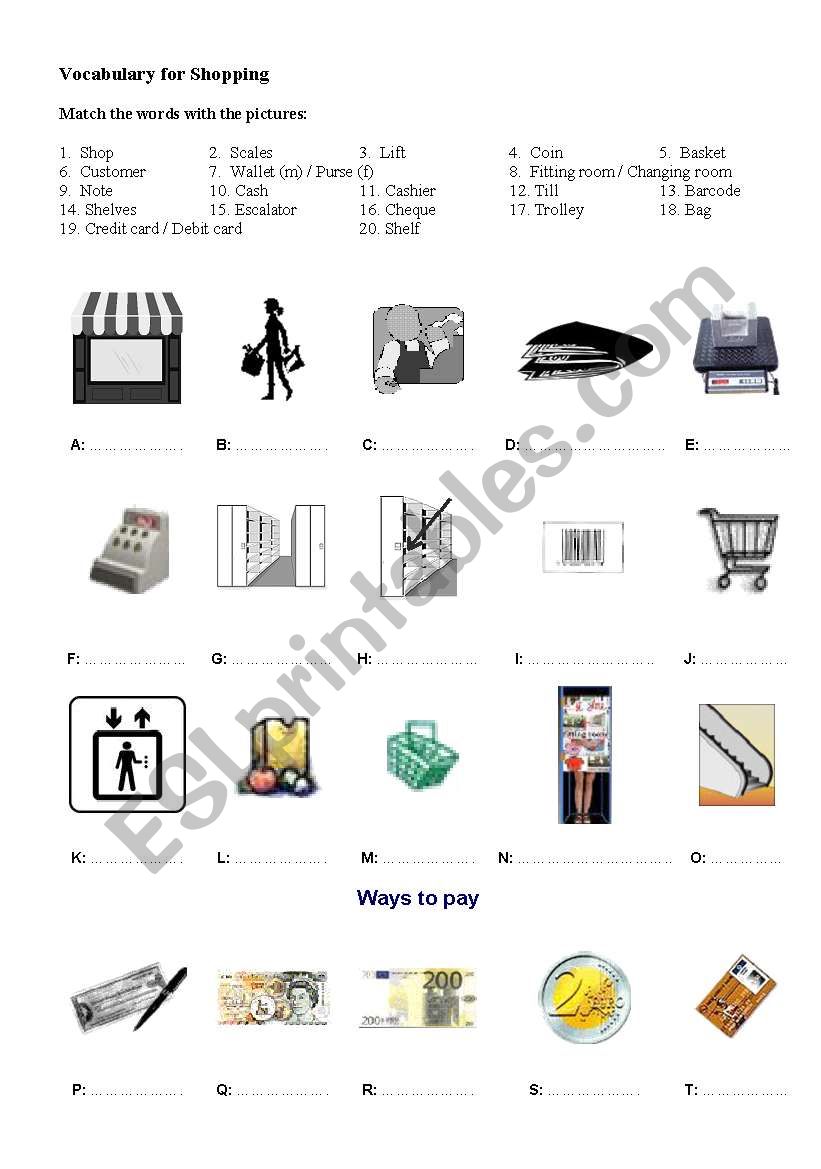 Shopping Vocab worksheet