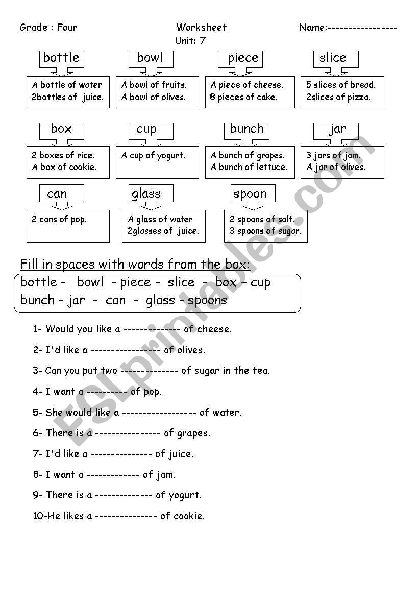 containers worksheet