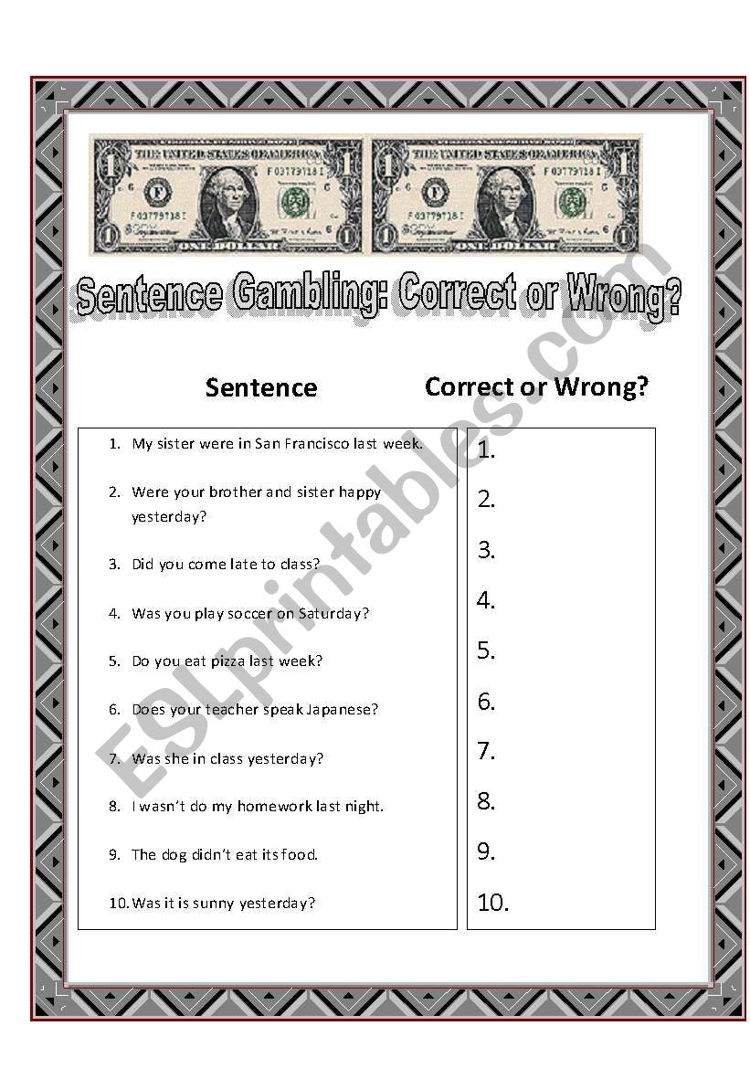 Sentence Gambling worksheet