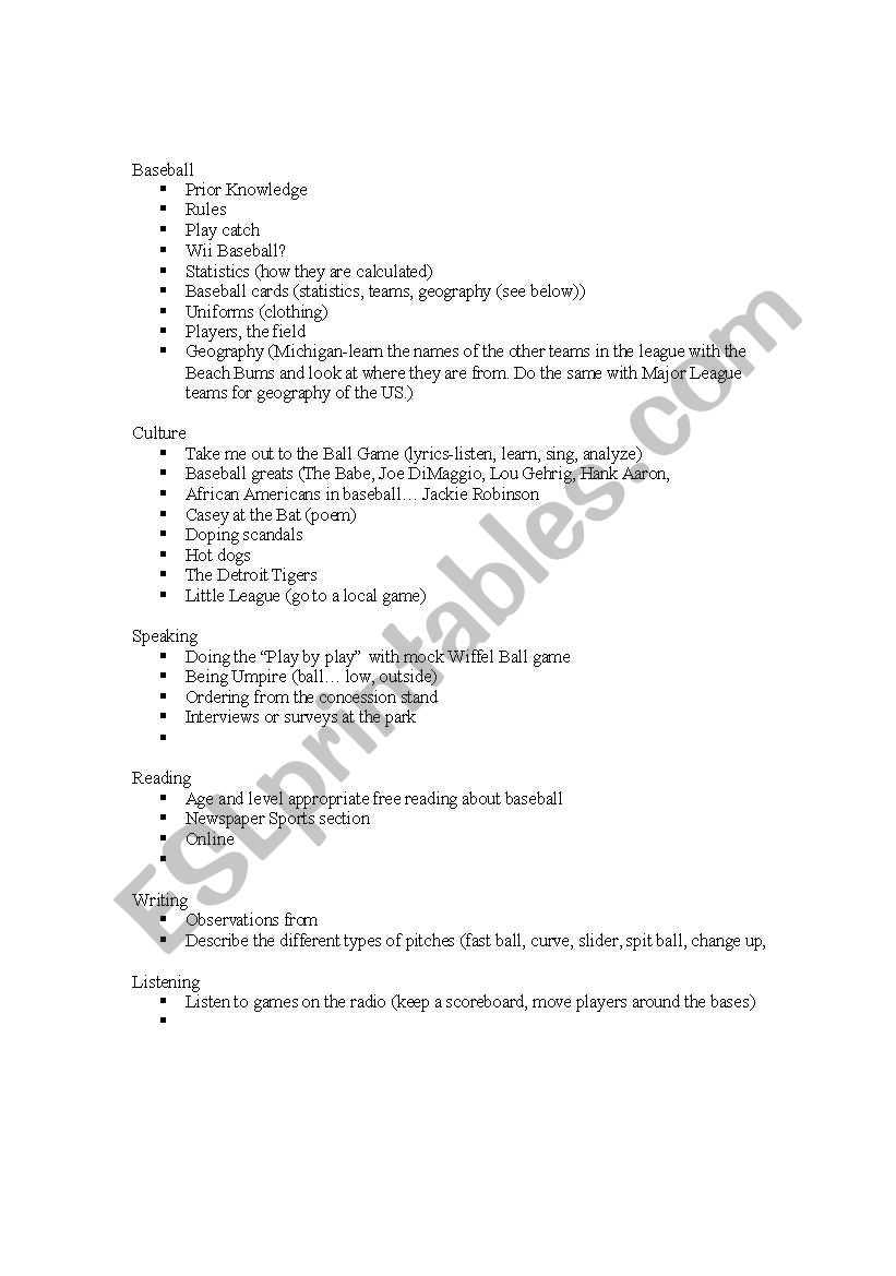 ESL BASEBALL UNIT worksheet