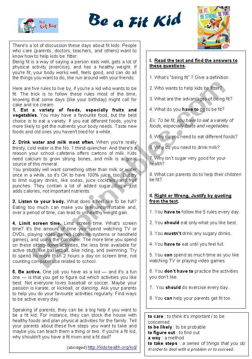 Be a Fit Kid (text from Kidshealth website). Health Habits + Modals and Equivalents. My reading comprehension + keys (2 pages). 