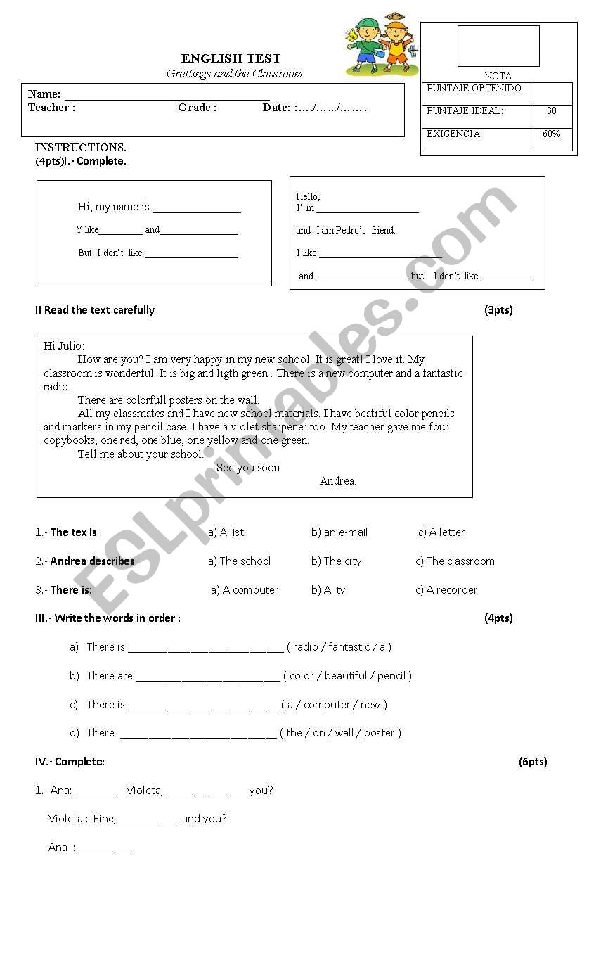 greetings and classroom  worksheet