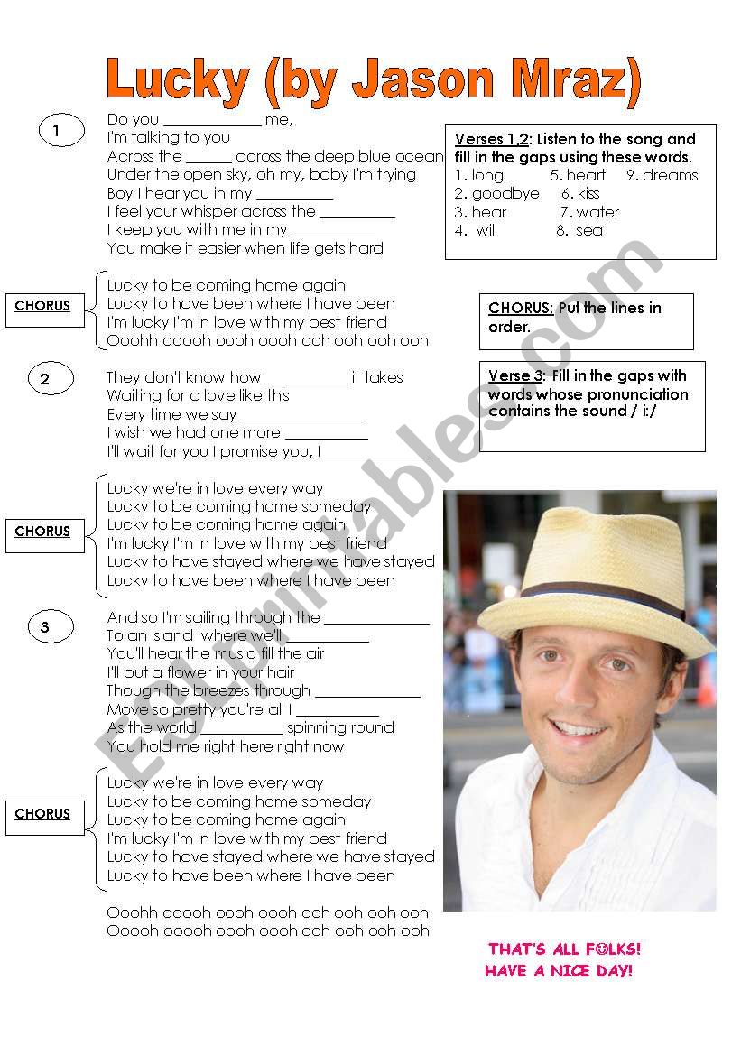 Lucky, Jason Mraz worksheet