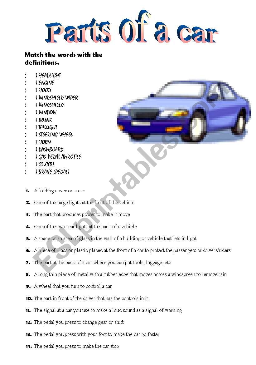 Parts of a car vocabulary practice