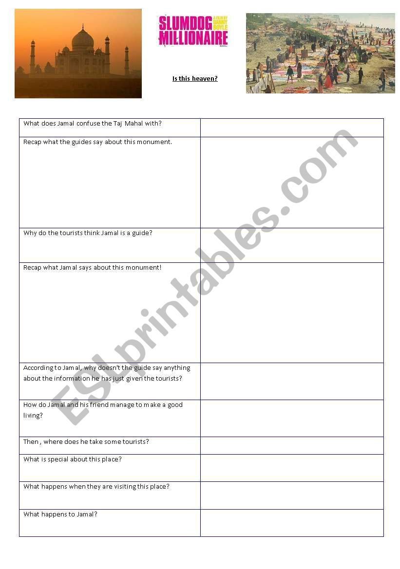 Slumdog - The taj Mahal scene worksheet