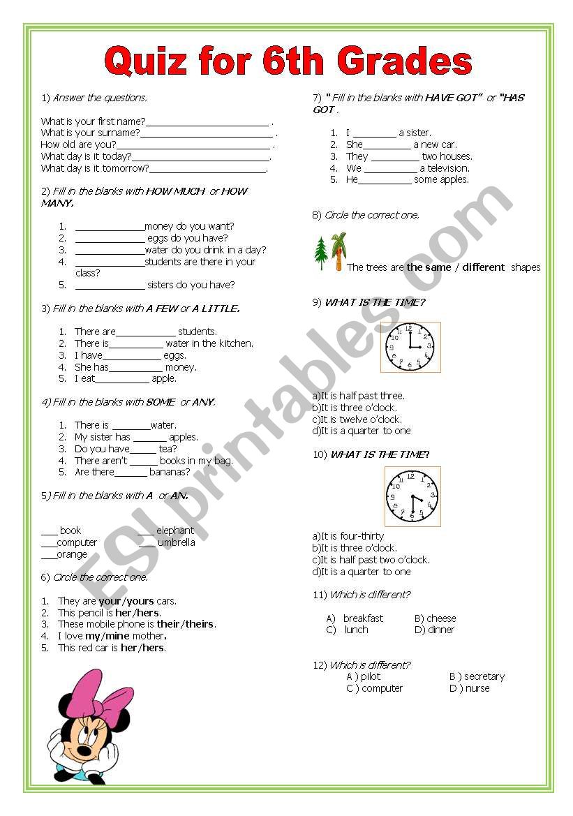 quiz for 6th grades worksheet