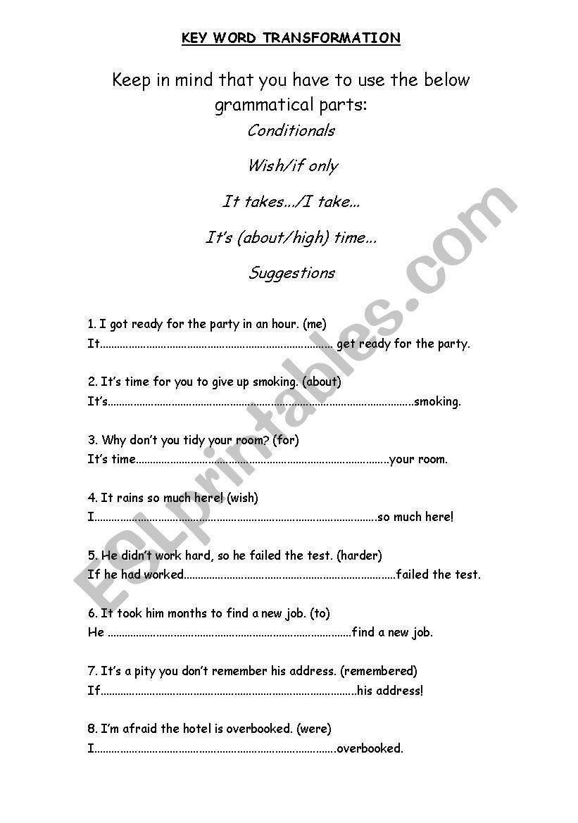 Key word tranformation worksheet