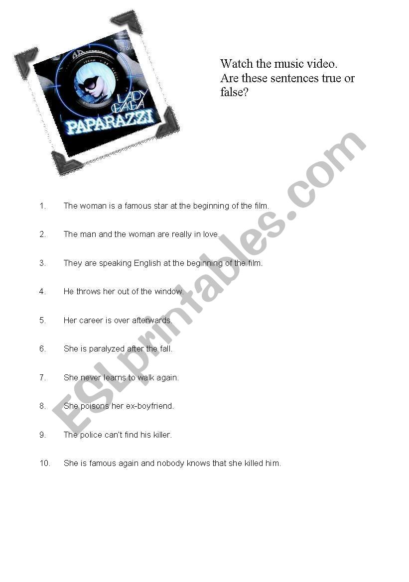 Paparazzi - True/False worksheet