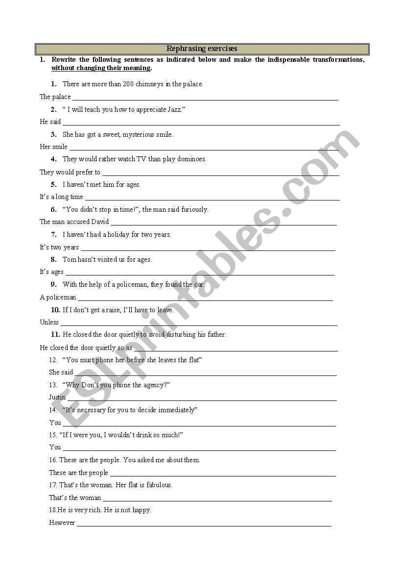 Rephrasing exercises worksheet