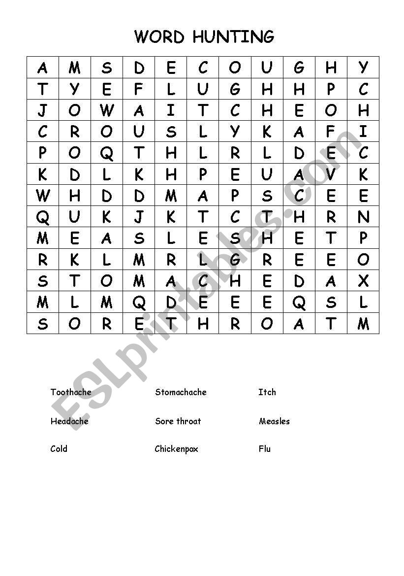 ilnesses word hunting worksheet