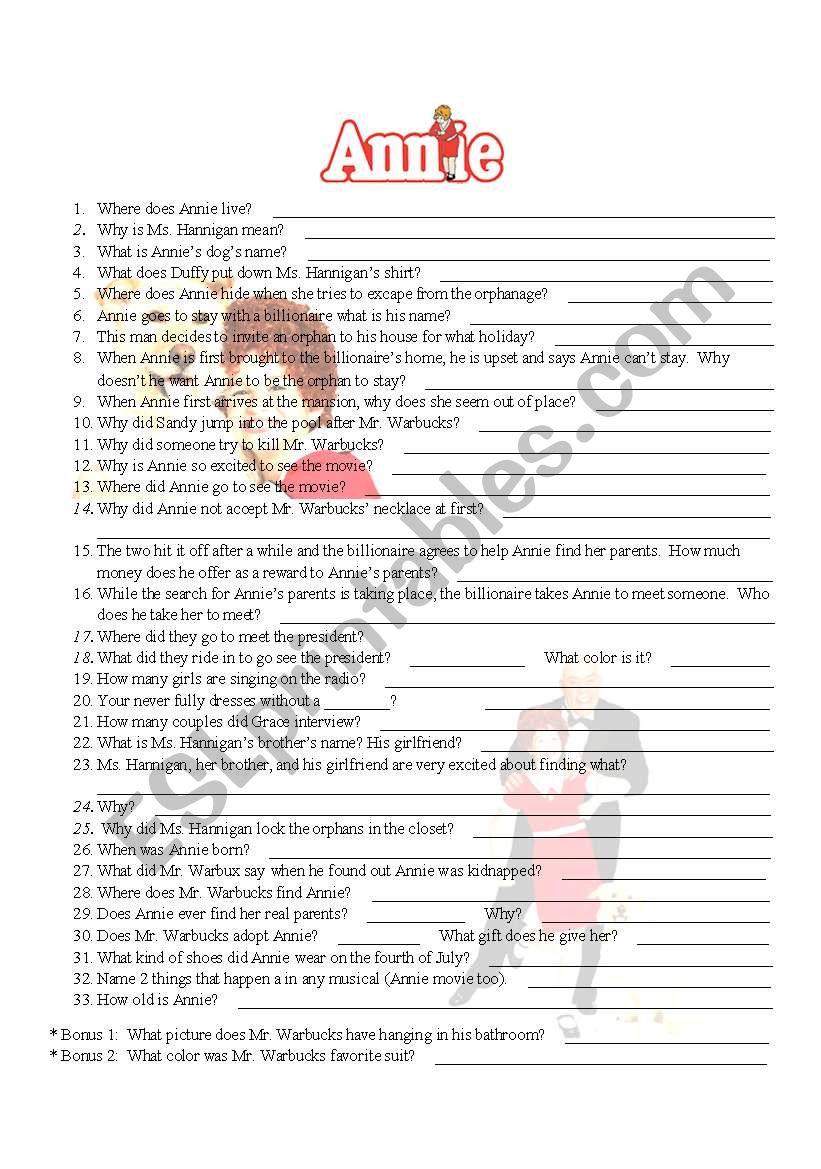 Annie movie worksheet/quiz worksheet