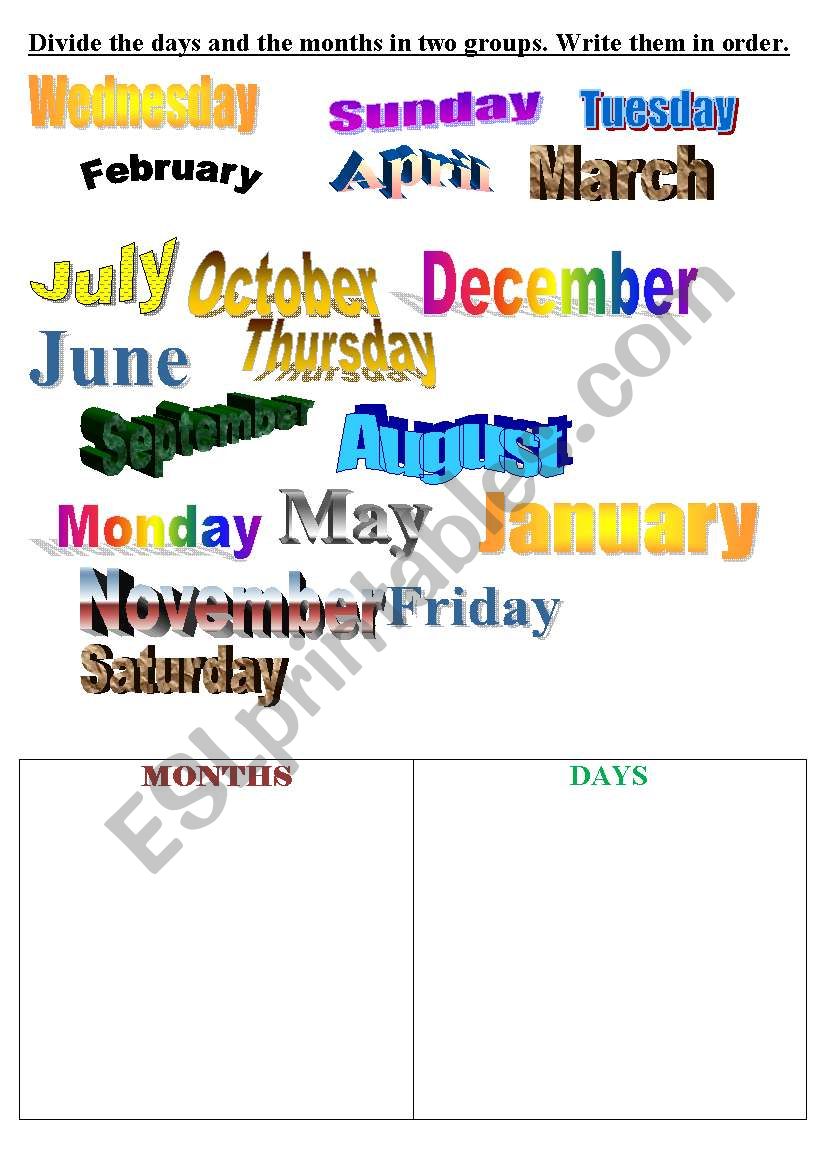 Days and months worksheet