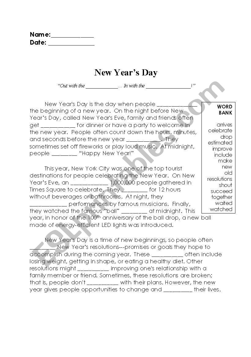 New YearÂ´s Day Cloze worksheet