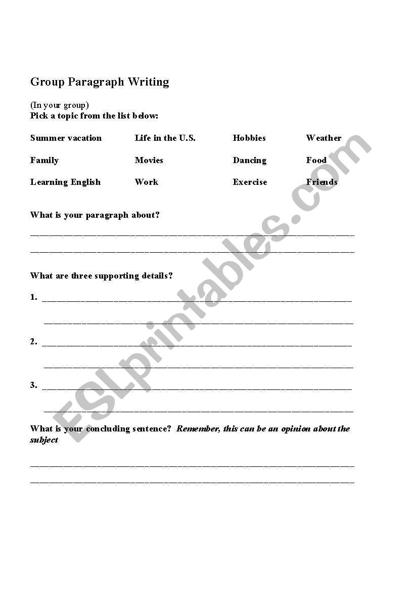 Group Paragraph Writing worksheet