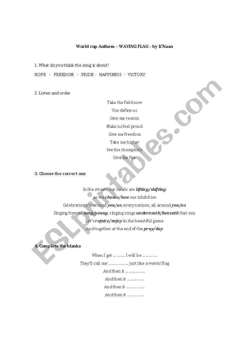 World cup anthem  worksheet