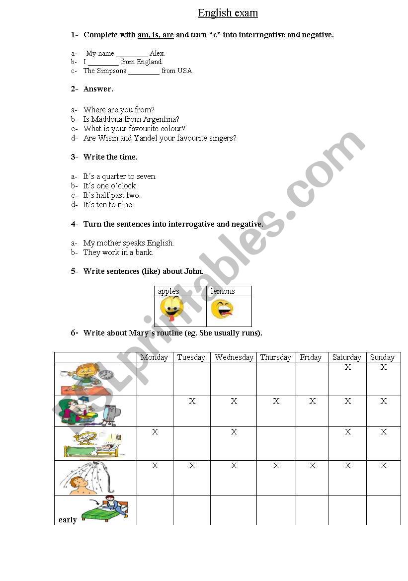 Simple Present Exam worksheet