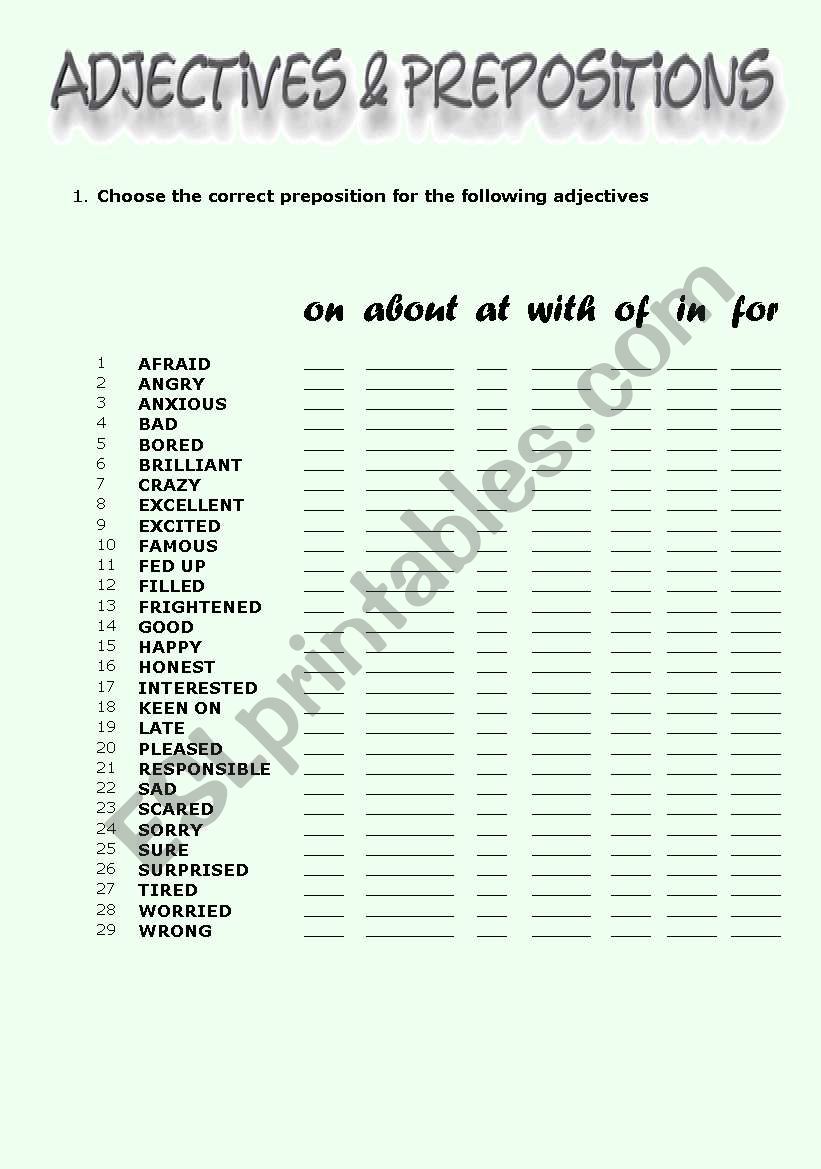 Adjectives & Prepositions worksheet